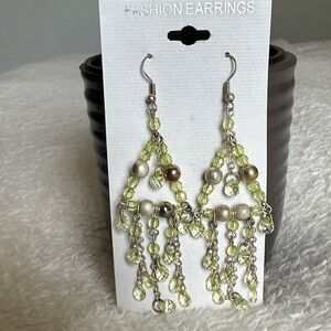Chic Beaded Green Dangle Earrings with Silver Accents